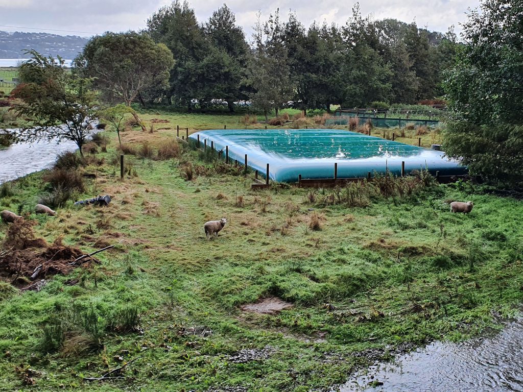 A water bladder that is filled from a stream during peak flows ready for summer